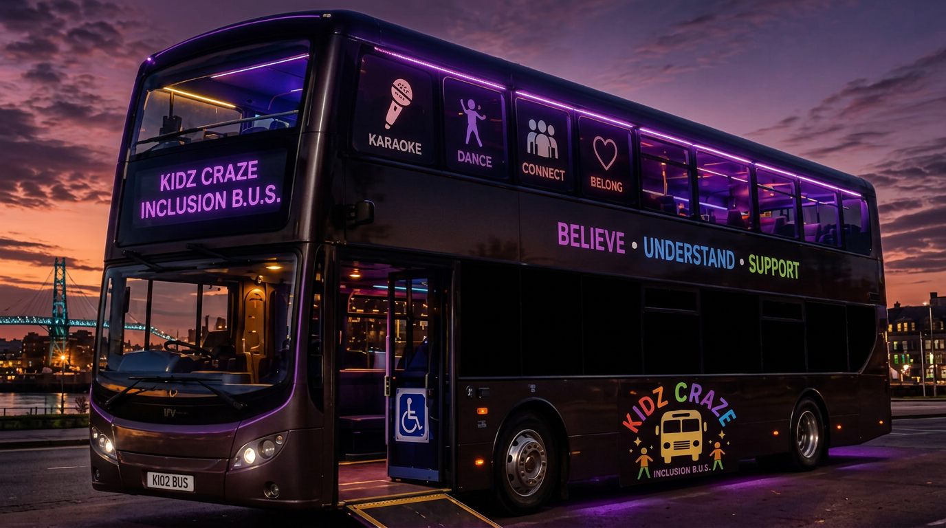 The Kidz Craze Inclusion B.U.S. at sunset, a black double-decker bus with purple neon lighting and the words Believe, Understand, Support