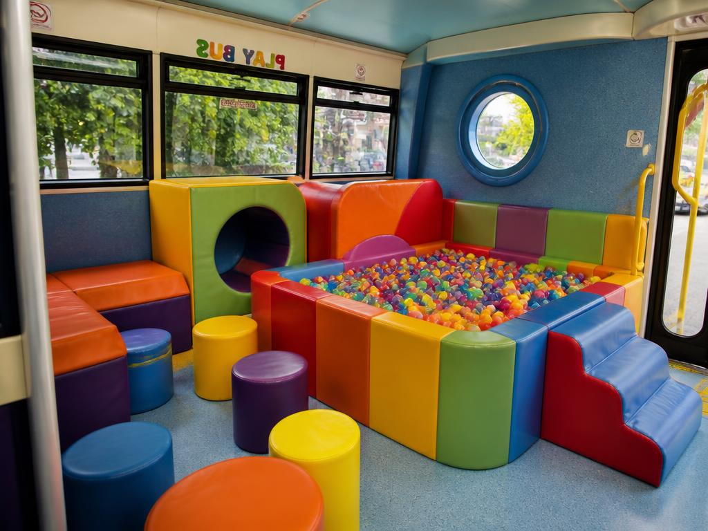 Colourful soft play area and ball pit inside the bus